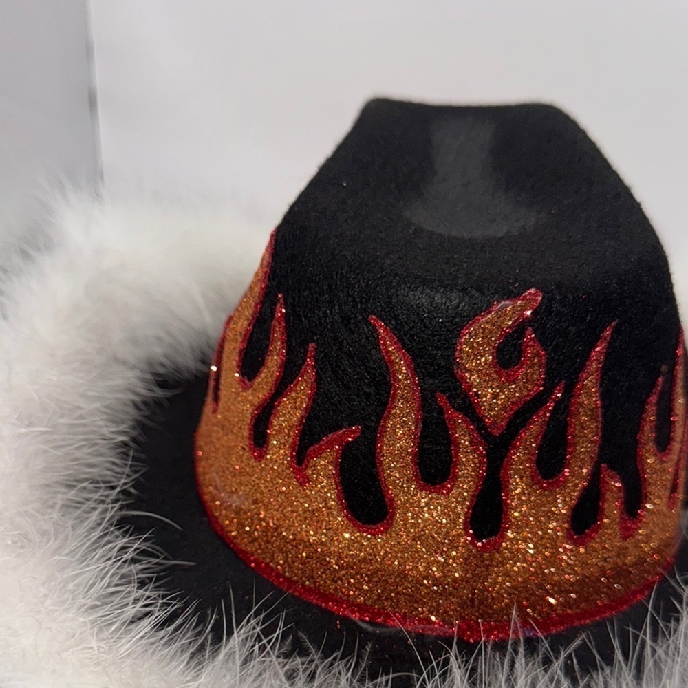 Black flame felt cowboy  hat  White Faux Fur Trim and dangling rhinestones - Picture 8 of 11